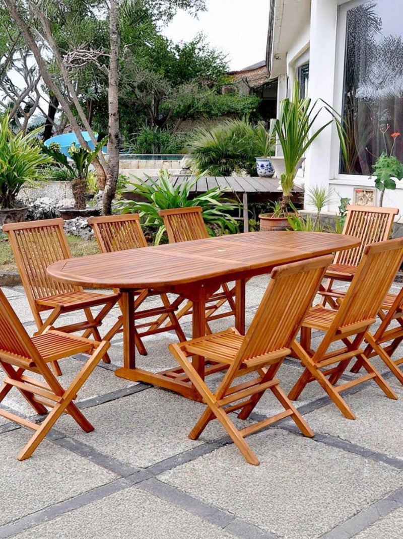 LUBOK Salon de jardin Teck huilé 8 personnes - Table ovale + 8 chaises Marron - Kiabi