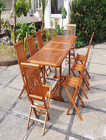 LUBOK Salon de jardin Teck huilé 8 personnes - Table rectangle + 8 chaises