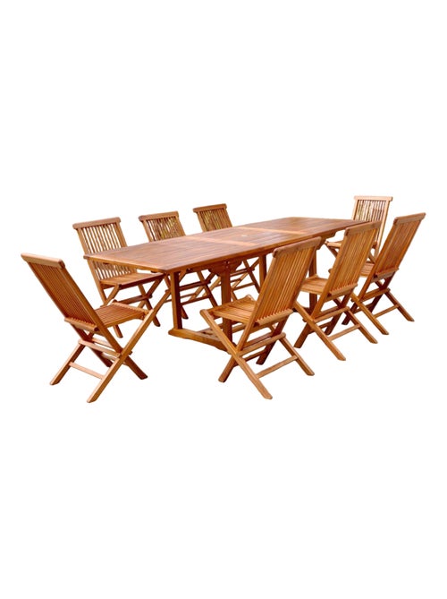 LUBOK Salon de jardin Teck huilé 8 personnes - Table rectangle + 8 chaises - Kiabi