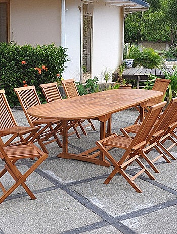 LUBOK Table de jardin ovale 10 places et 10 chaises en teck huilé