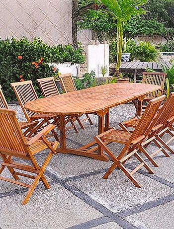 LUBOK Table de jardin ovale 8 chaises et 2 fauteuils en teck huilé