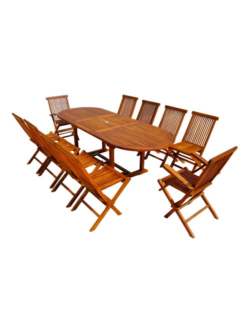 LUBOK Table de jardin ovale 8 chaises et 2 fauteuils en teck huilé - Kiabi