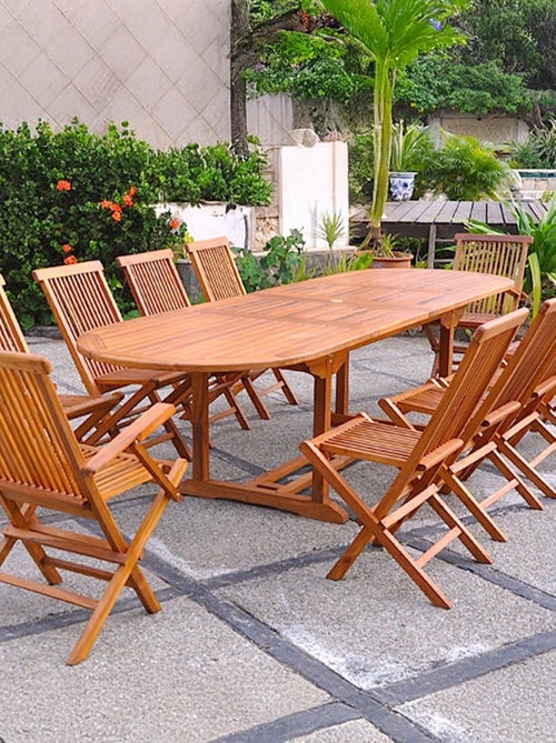 LUBOK Table de jardin ovale 8 chaises et 2 fauteuils en teck huilé - Kiabi