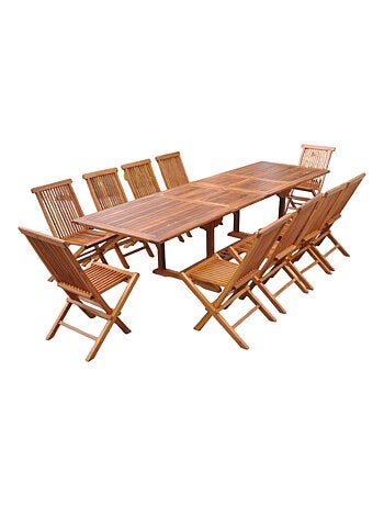 LUBOK Table de jardin rectangle 10 places et 10 chaises en teck huilé
