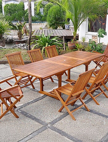 LUBOK Table rectangulaire 6 chaises et 2 fauteuils en teck huilé