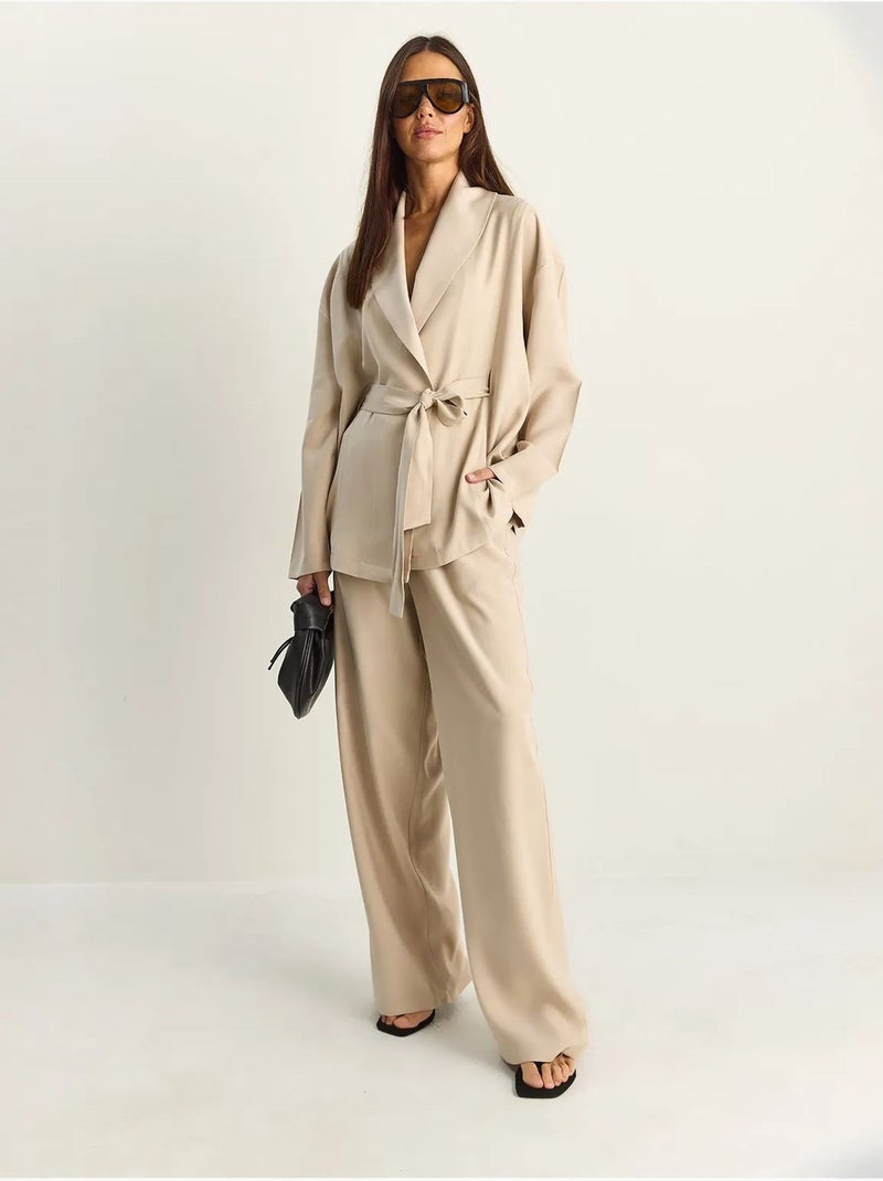 Lucci ensemble taille haute avec détail nœud et col châle Beige argile - Kiabi