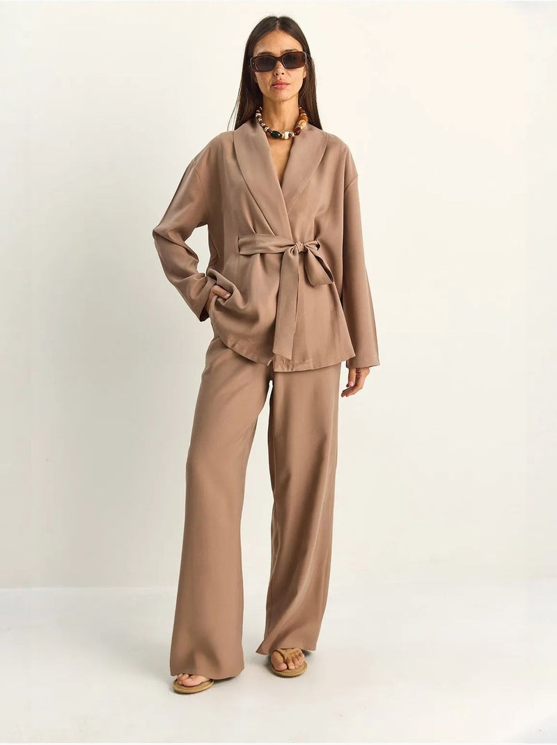 Lucci ensemble taille haute avec détail nœud et col châle Marron chocolat - Kiabi