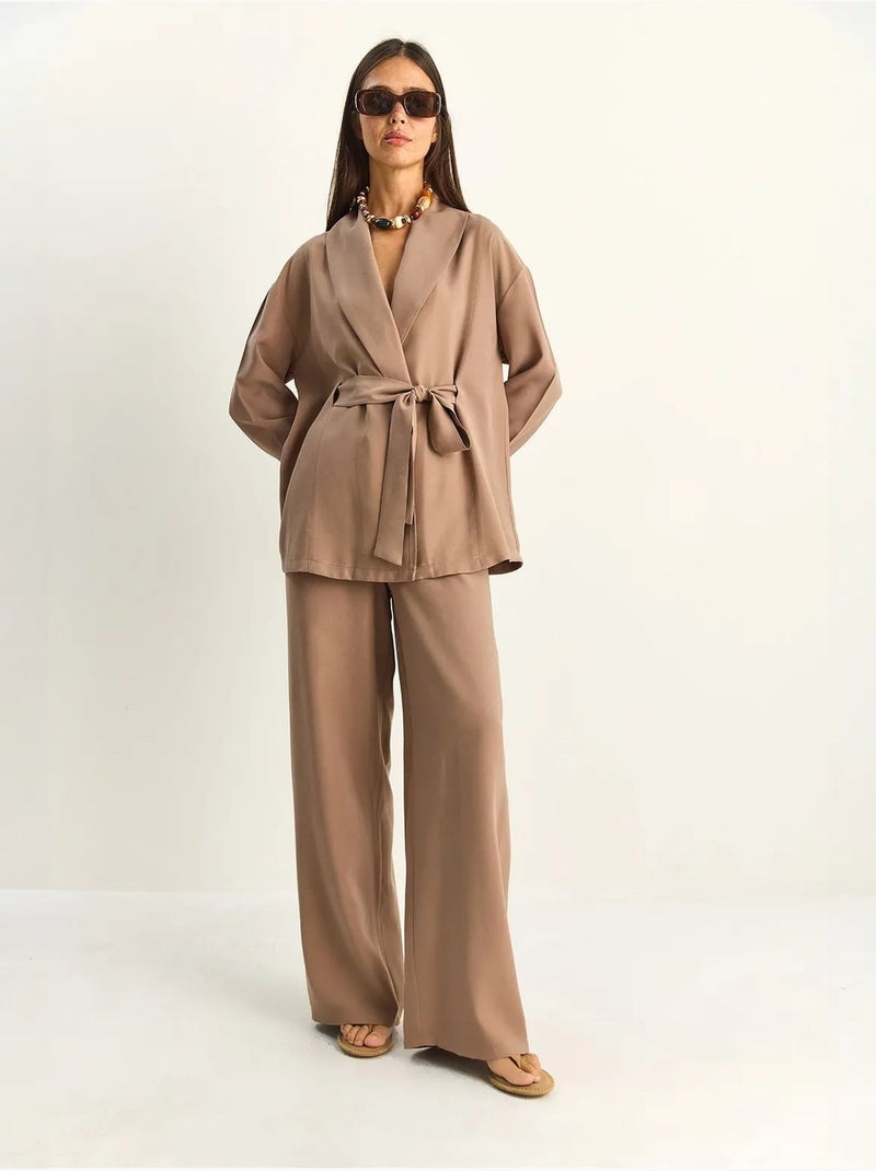 Lucci ensemble taille haute avec détail nœud et col châle Marron chocolat - Kiabi