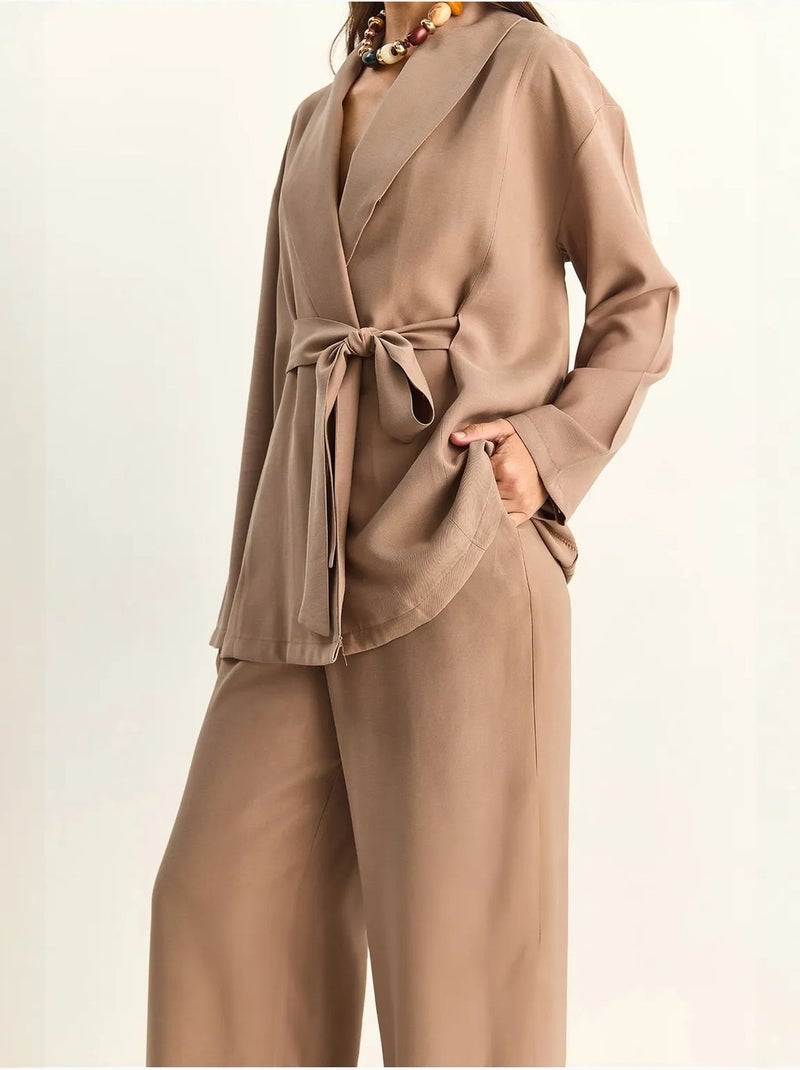 Lucci ensemble taille haute avec détail nœud et col châle Marron chocolat - Kiabi