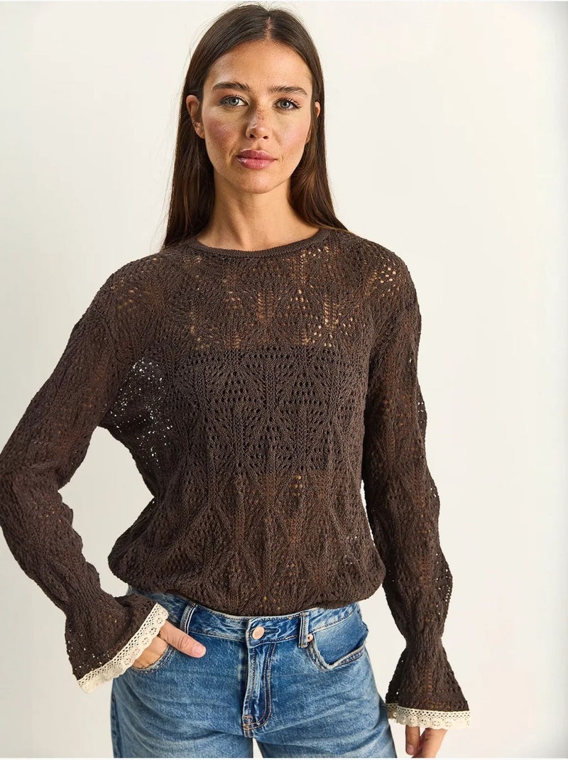 Lucci pull en maille texturée à col rond avec volants Marron - Kiabi