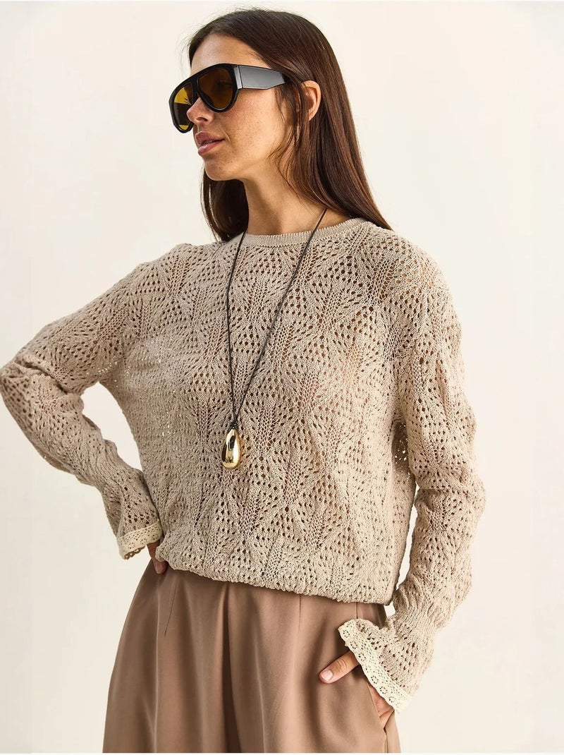 Lucci pull en maille texturée à col rond avec volants Sable - Kiabi
