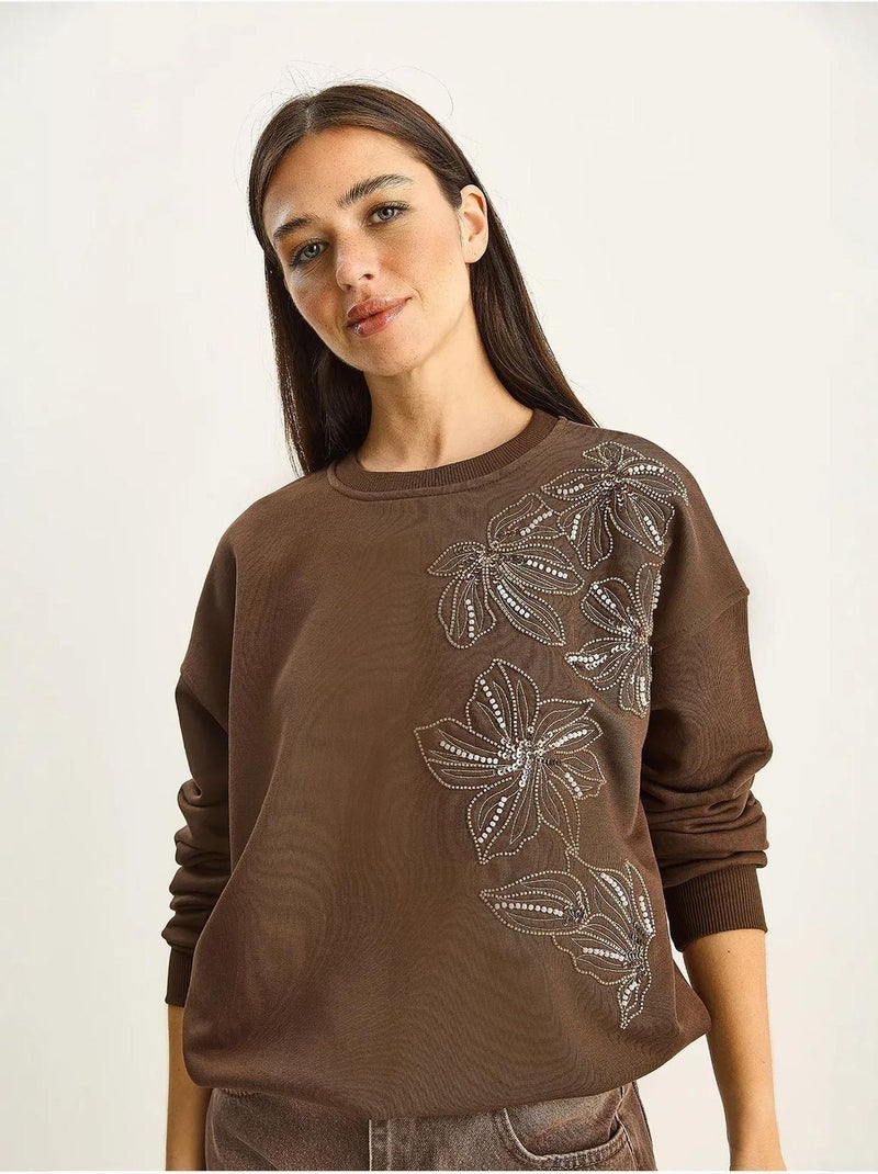 Lucci sweatshirt à col rond brodé Marron chocolat - Kiabi