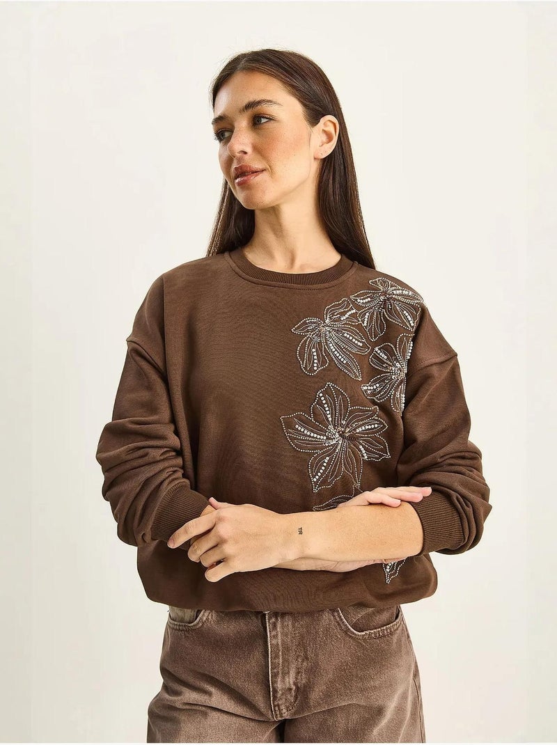 Lucci sweatshirt à col rond brodé Marron chocolat - Kiabi