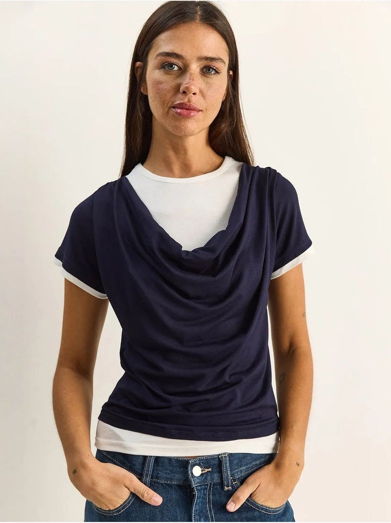 Lucci t-shirt femme à col bénitier et manches courtes Bleu marine - Kiabi