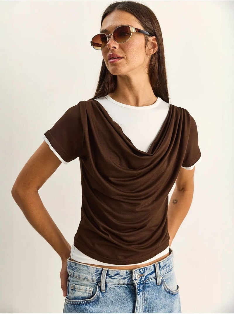 Lucci t-shirt femme à col bénitier et manches courtes Marron chocolat - Kiabi