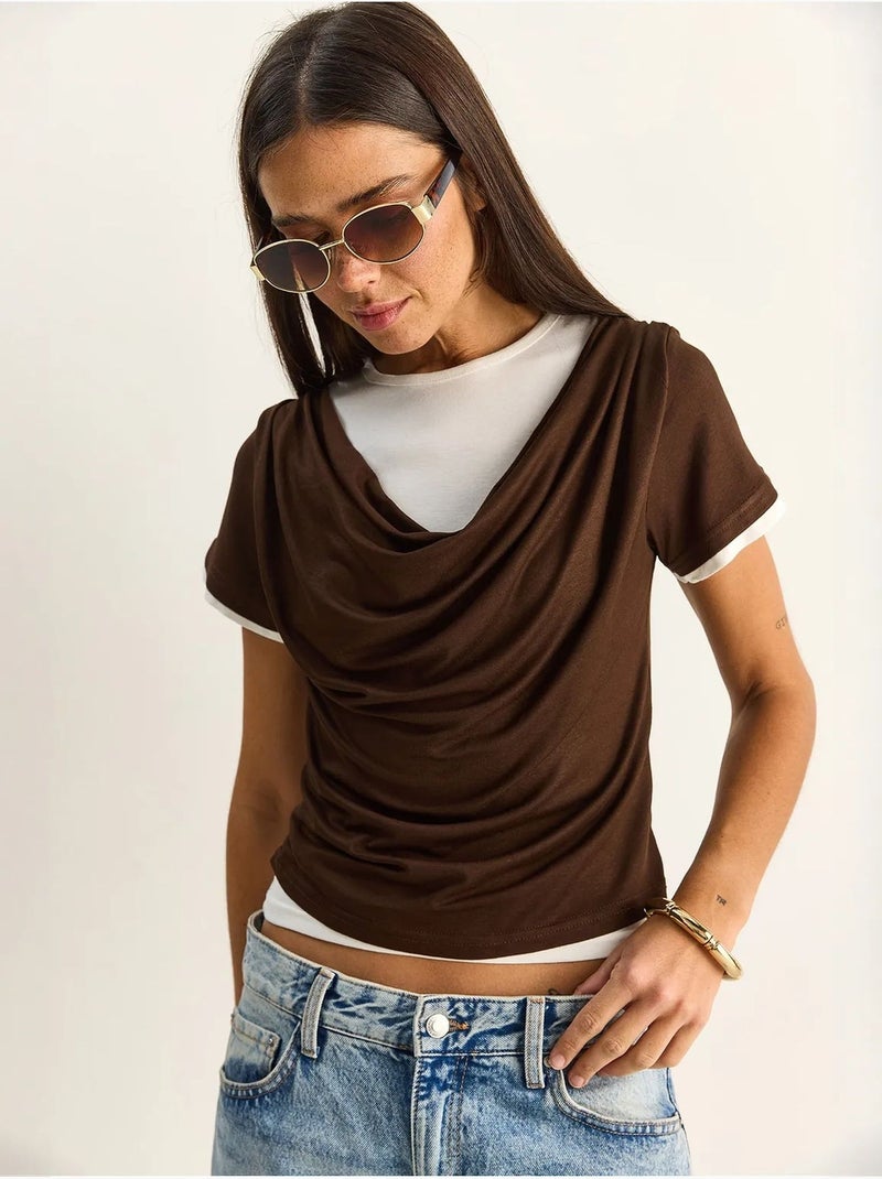 Lucci t-shirt femme à col bénitier et manches courtes Marron chocolat - Kiabi