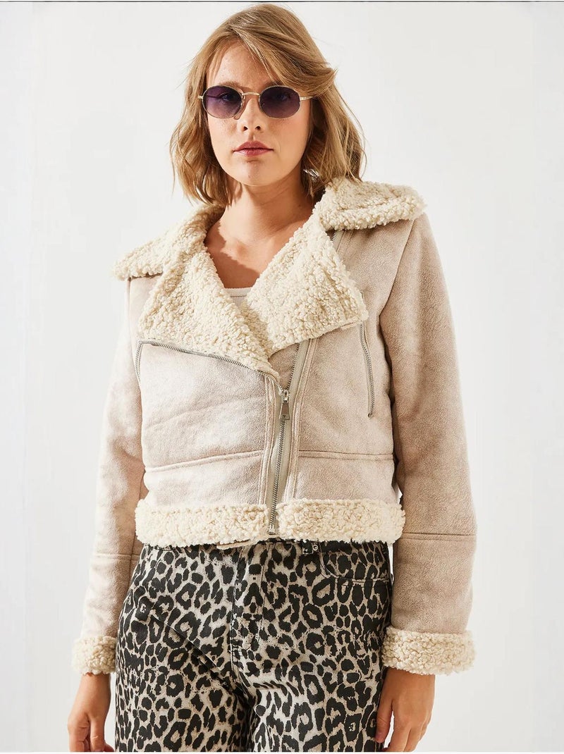 Lucci veste aviateur courte en simili cuir Beige argile - Kiabi