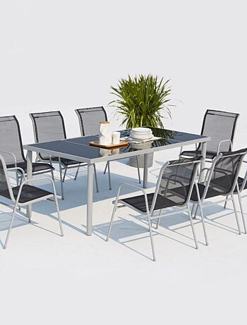 LUSIANA - Salon de jardin 8 places en acier et toile PVC gris