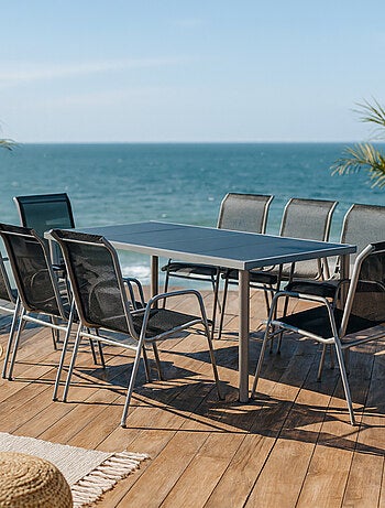 LUSIANA - Salon de jardin 8 places en acier et toile PVC gris