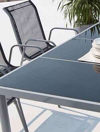 LUSIANA - Salon de jardin 8 places en acier et toile PVC gris