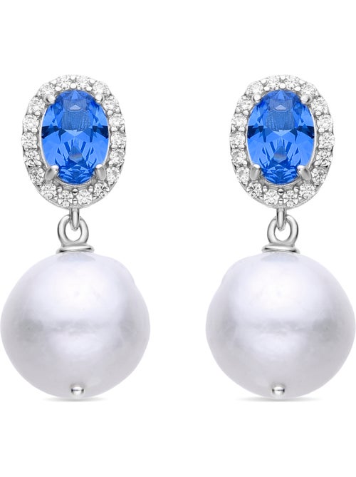 Boucles D'oreilles Femme – Bleu Foncé Et Zircons – Laiton Plaqué Argent – Dormeuses