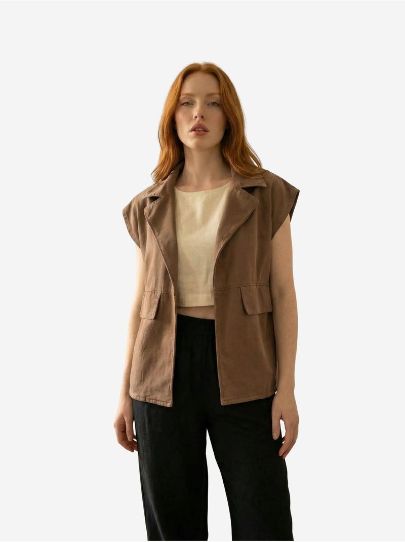 Ma mode gilet en gabardine de coton avec col de veste et poche my fashion Marron noisette - Kiabi