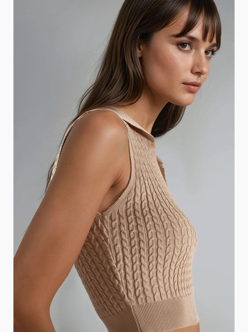 Ma mode pull à col rond en maille torsadée my fashion Camel - Kiabi