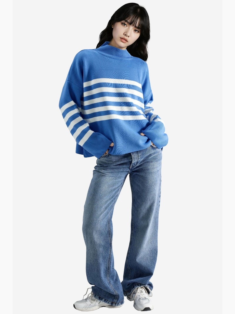 Ma mode pull à col roulé rayé oversize my fashion Bleu saphir - Kiabi