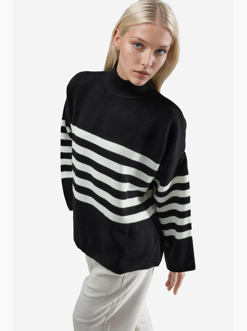 Ma mode pull à col roulé rayé oversize my fashion Noir - Kiabi