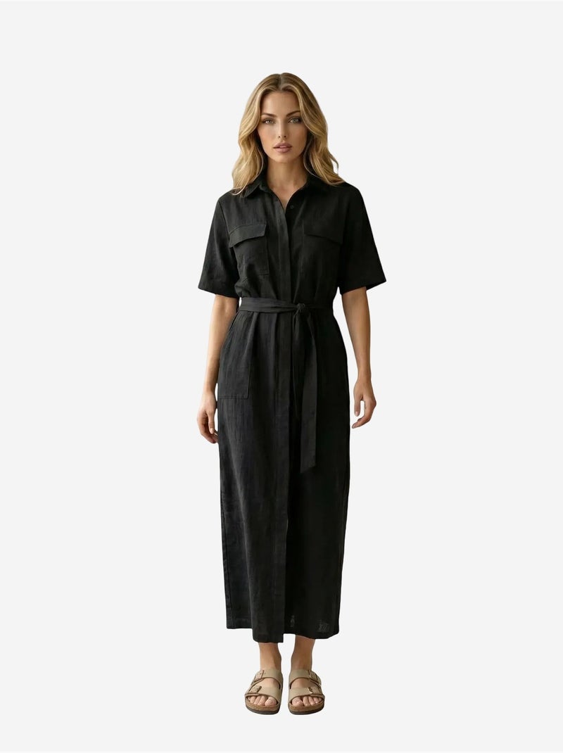 Ma mode robe chemise maxi ceinturée my fashion Noir - Kiabi