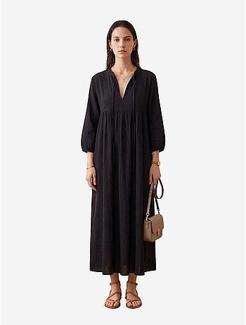 Ma mode robe longue ample à col en v unie my fashion