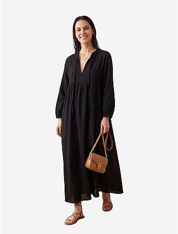 Ma mode robe longue ample à col en v unie my fashion