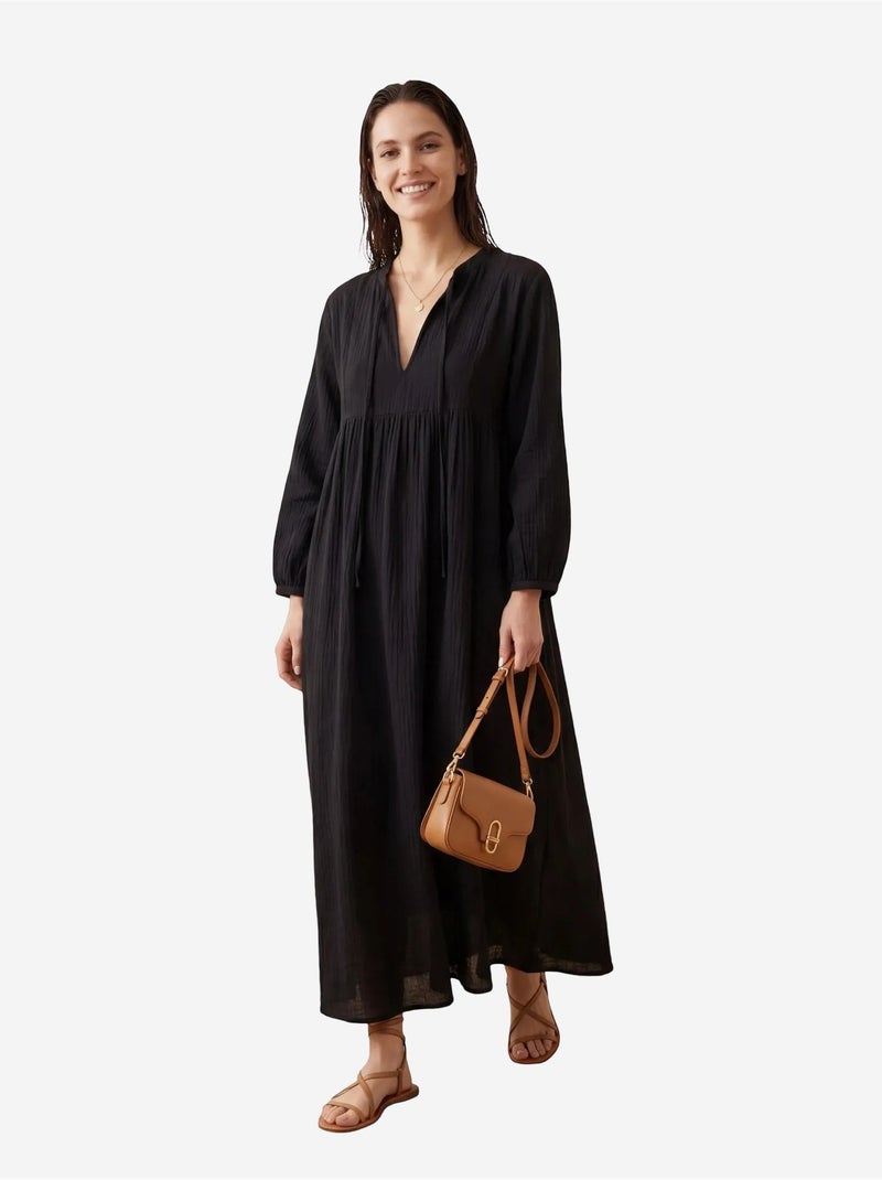 Ma mode robe longue ample à col en v unie my fashion Noir - Kiabi