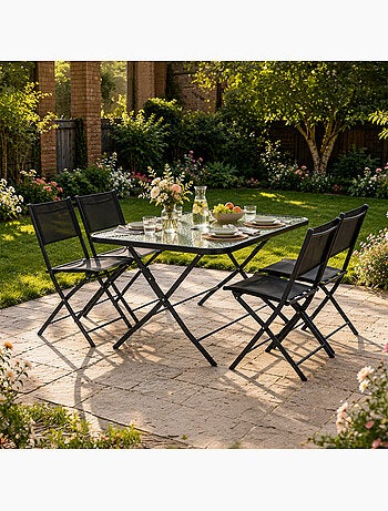 MAHON Ensemble table de jardin 130 cm et 4 chaises pliantes