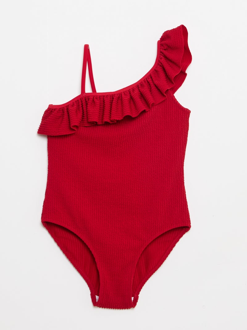 Maillot de bain 1 pièce avec bretelles sur une épaule et volants Rouge - Kiabi