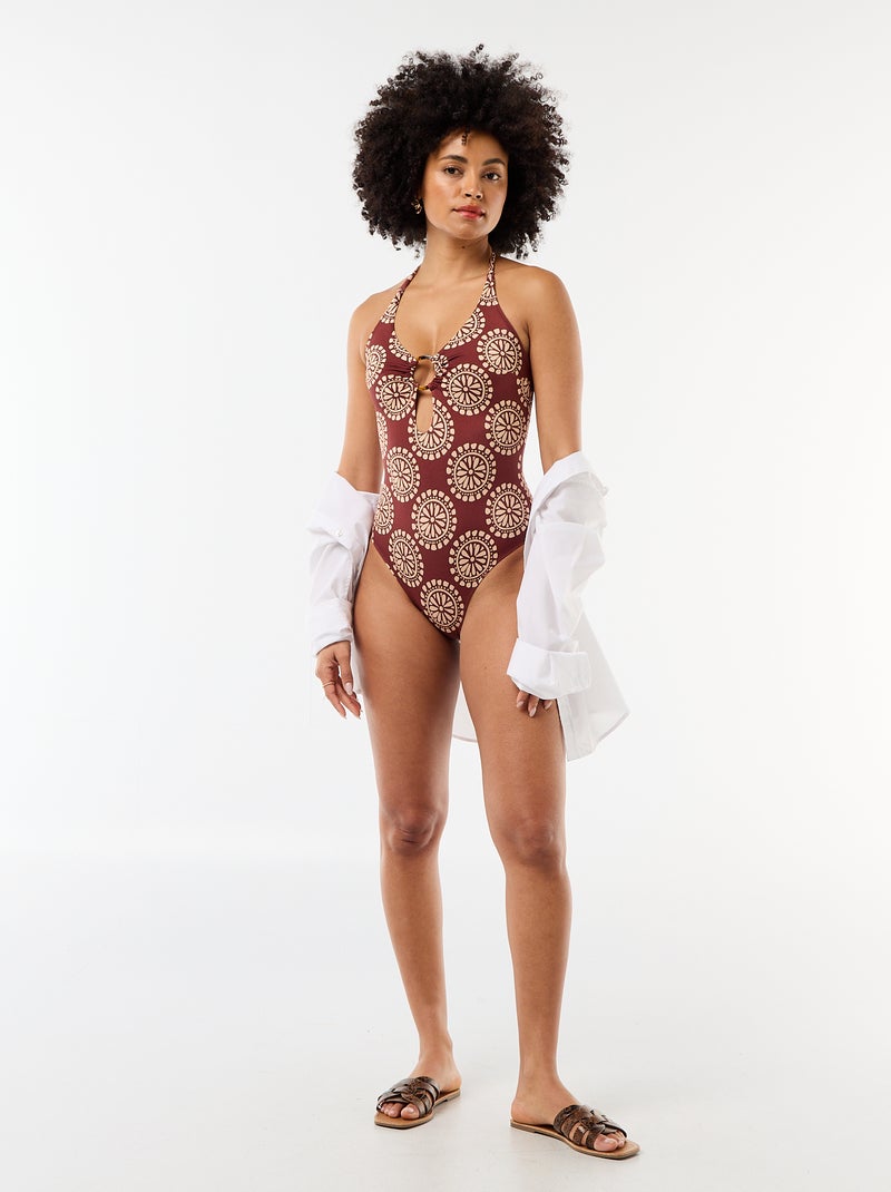 Maillot de bain 1 pièce imprimé avec décolleté fantaisie Marron - Kiabi