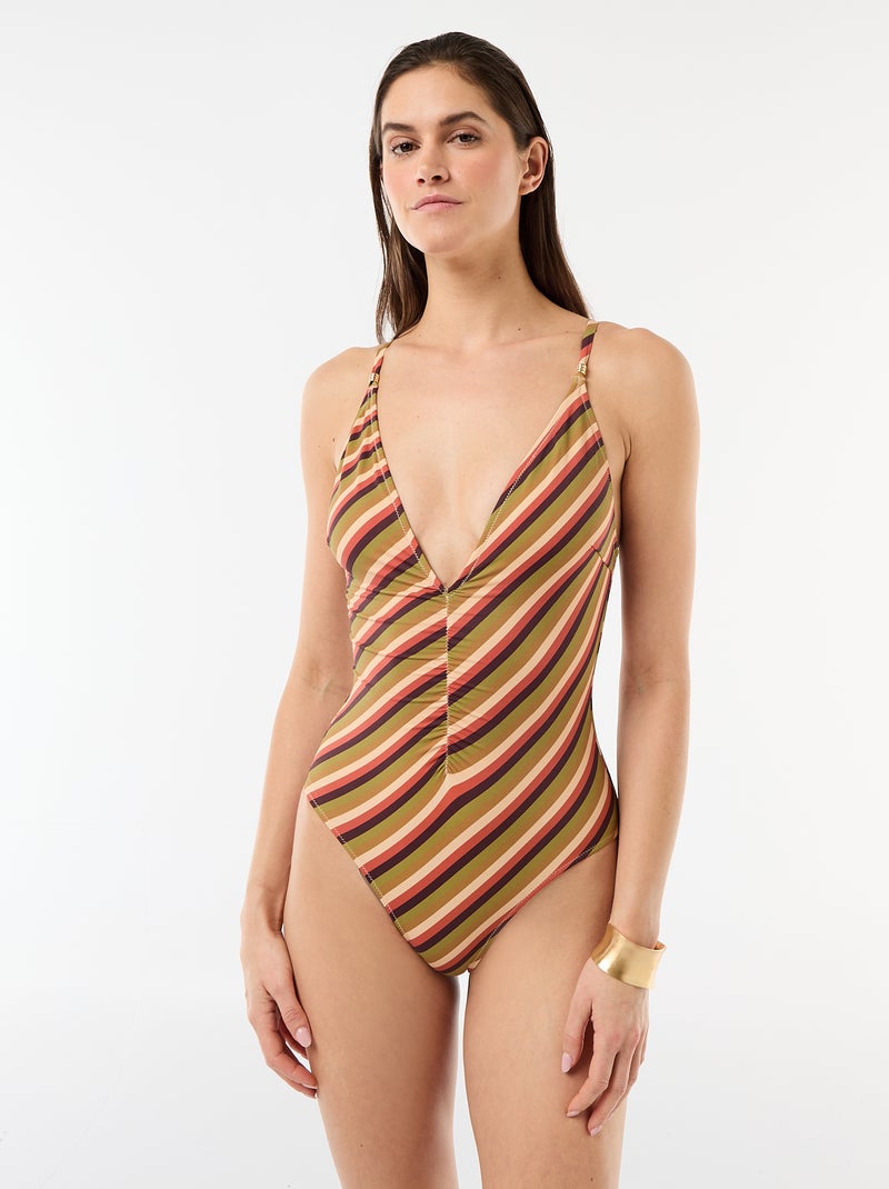 Maillot de bain 1 pièce plongeant avec bijou Vert - Kiabi
