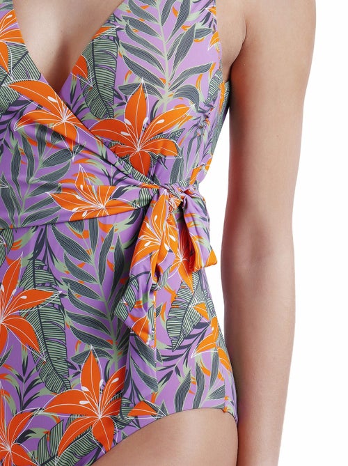 Maillot de bain 1 pièce préformé croisé Jungle Mauve - Kiabi