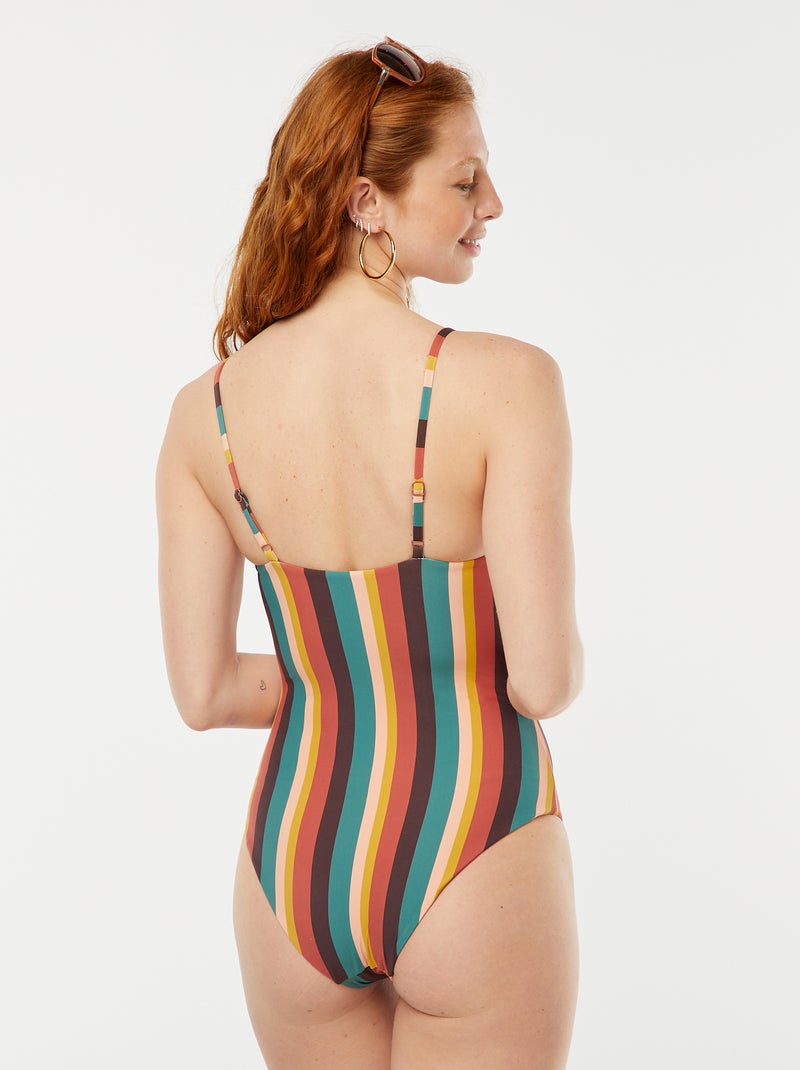 Maillot de bain 1 pièce réversible rayures vs uni Rayé / brique - Kiabi