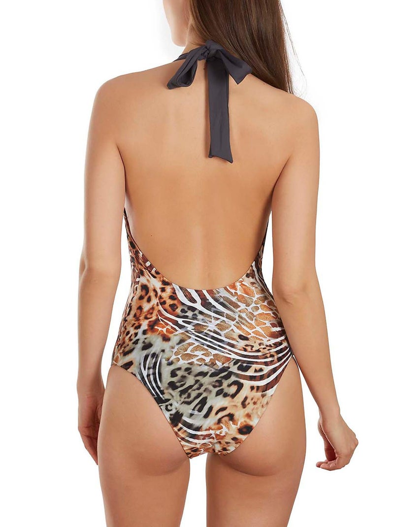 Maillot de bain 1 pièce triangle multipositions Animal Marron - Kiabi