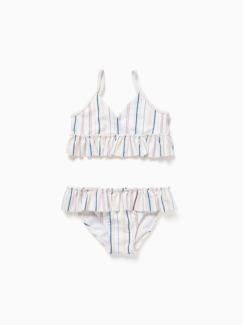 Maillot de bain 2 pièces à rayures ethniques et volants B&S Blanc - Kiabi