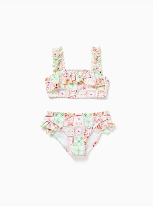 Maillot de bain 2 pièces avec motif mosaïque et volants - Kiabi