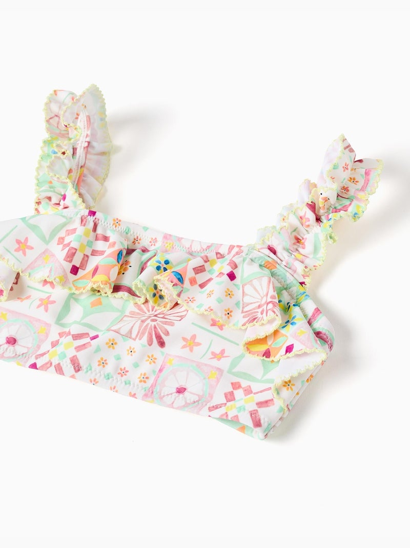 Maillot de bain 2 pièces avec motif mosaïque et volants Blanc - Kiabi