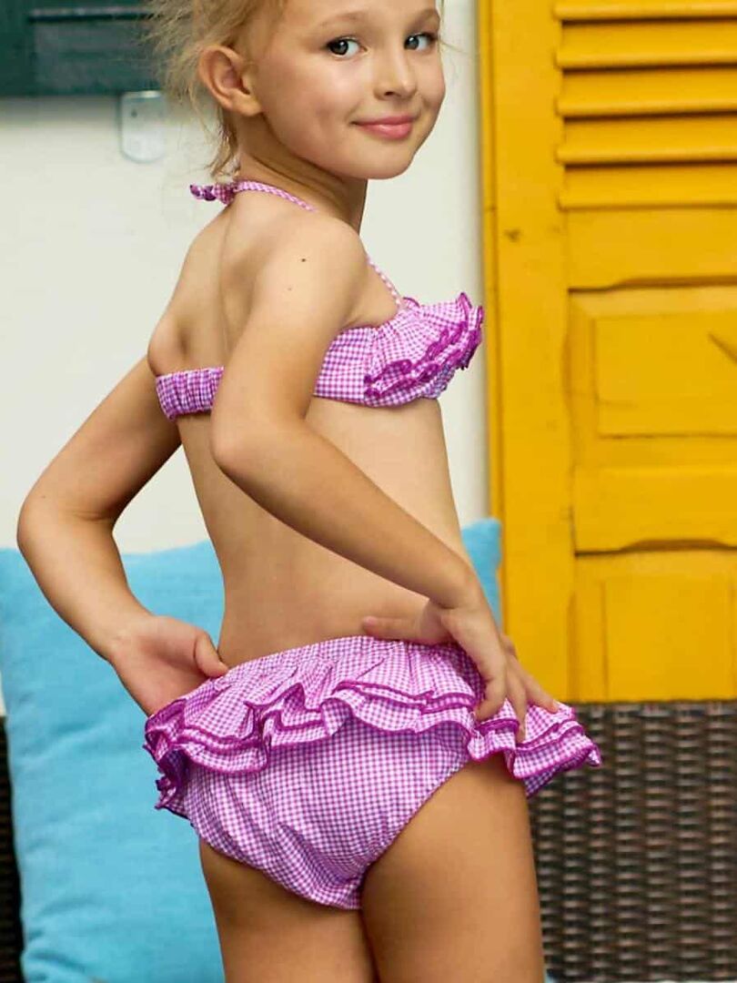 Maillot de Bain 2 Pièces Fille  Carreaux Vichy Violet  SWAN - 'LA FAUTE A VOLTAIRE' Violet - Kiabi