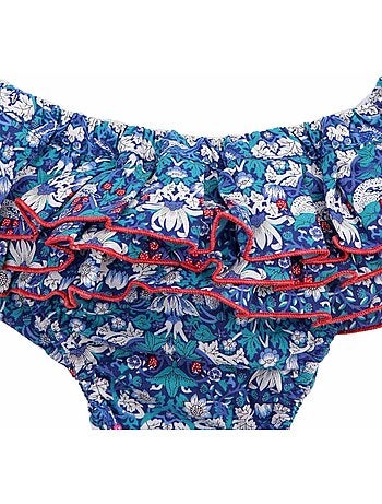 Maillot de Bain 2 Pièces Fille Fleuri Liberty Bleu/Rouge SWAN - La Faute à Voltaire