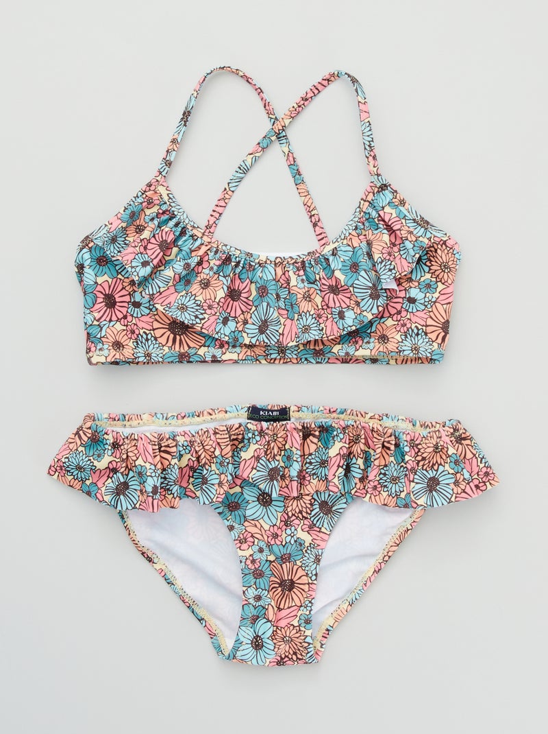 Maillot de bain 2 pièces fleurs et volants orange/rose/vert - Kiabi