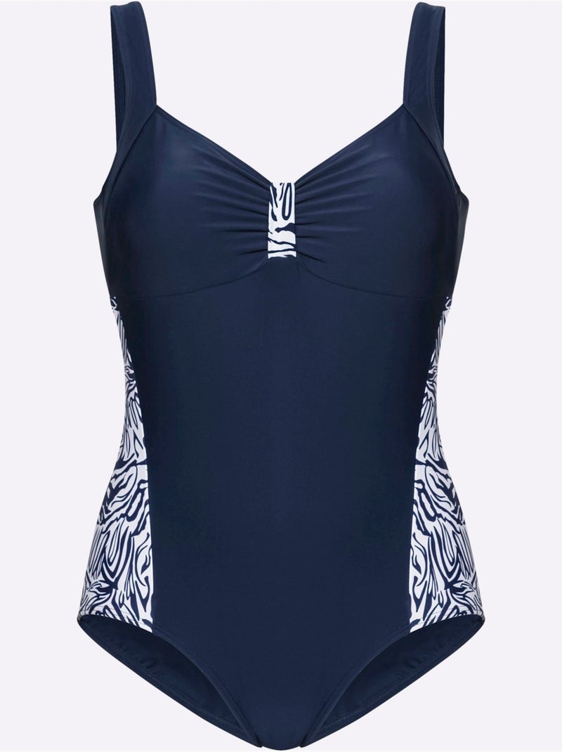 Maillot de bain à décolleté en V avec empiècements zèbre - Bonnet C - Moda Vilona Blanc Bleu marine Blanc - Kiabi
