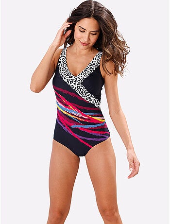 Maillot de bain à encolure en V avec motifs léopard et rayures - Bonnet D - Moda Vilona