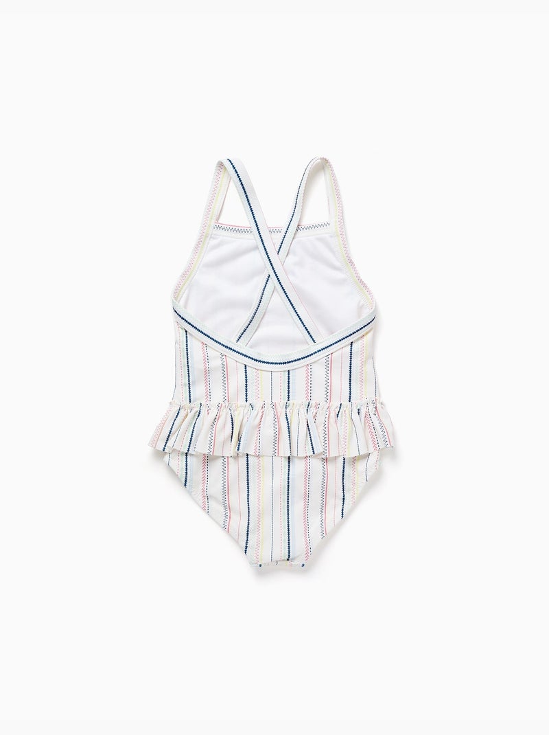 Maillot de bain à rayures ethniques et volants B&S Blanc - Kiabi