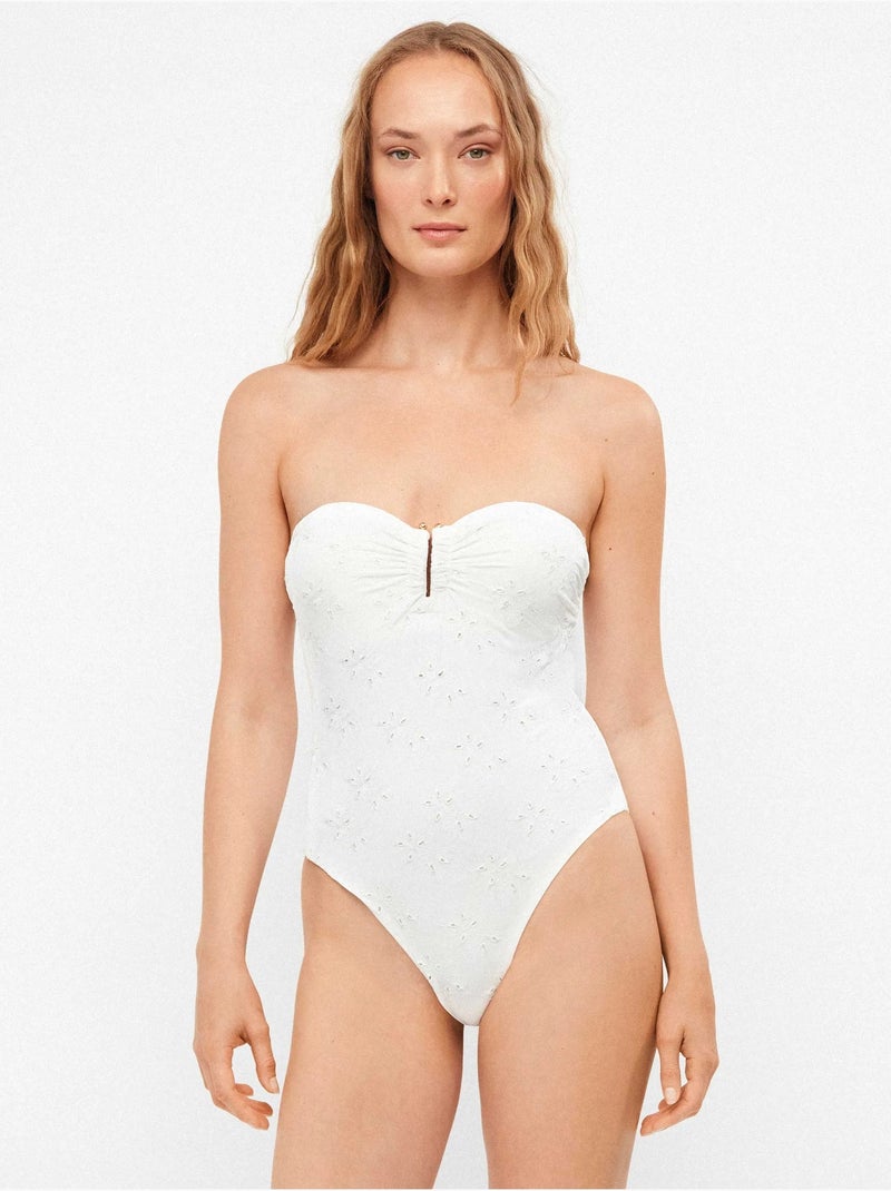 Maillot de bain bandeau tissu brodé Blanc - Kiabi